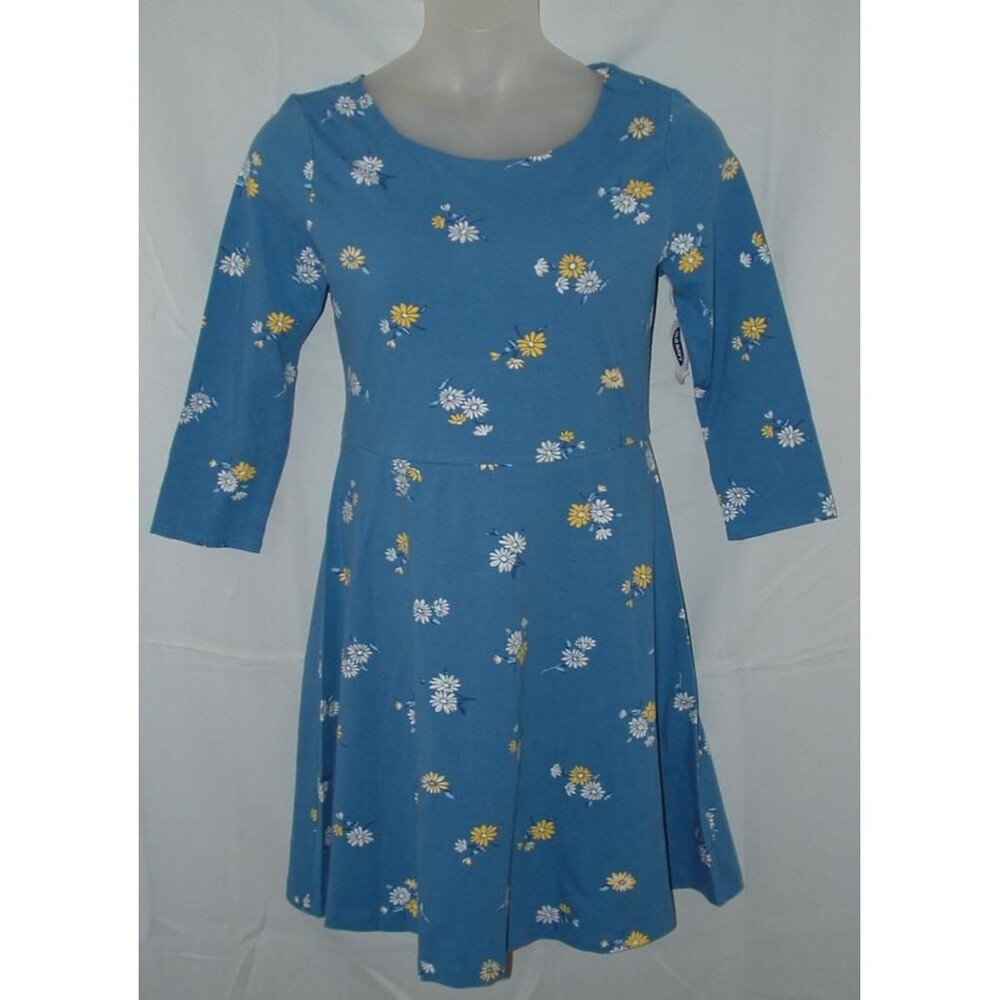 OLD NAVY Blue Floral Sz Large Stretchy Cotton Fit & Flare Dress NEW NWT
